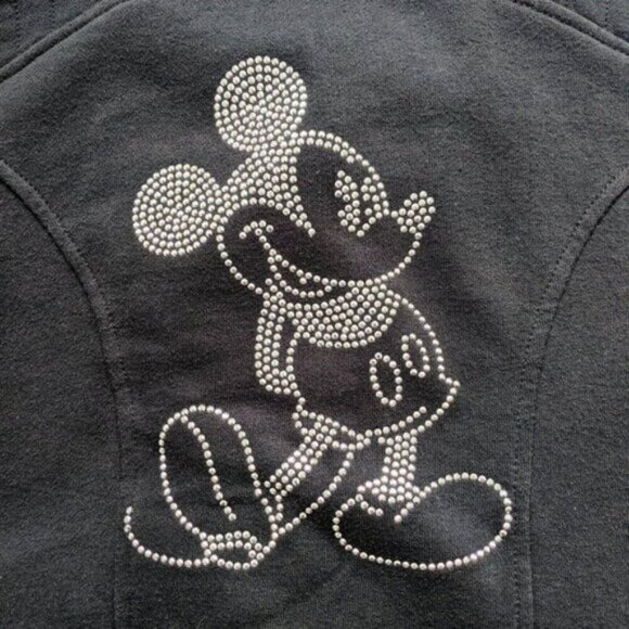 Disney Parks Black Moto Zip Sweatshirt Jacket XS FLAWS Mickey Mouse Distressed - Picture 12 of 13